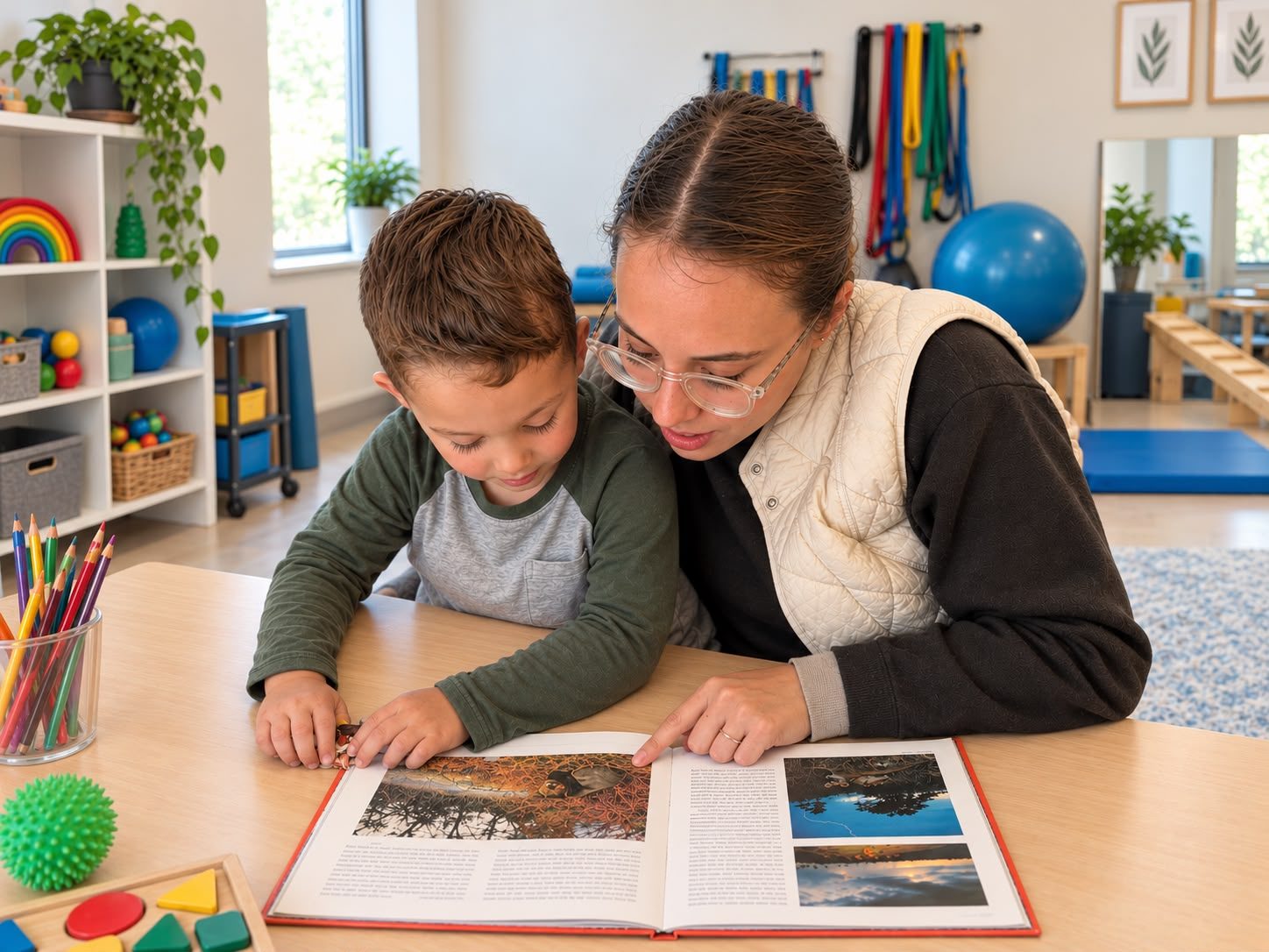 An occupational therapist and a young child looking through a picture book together at the practice