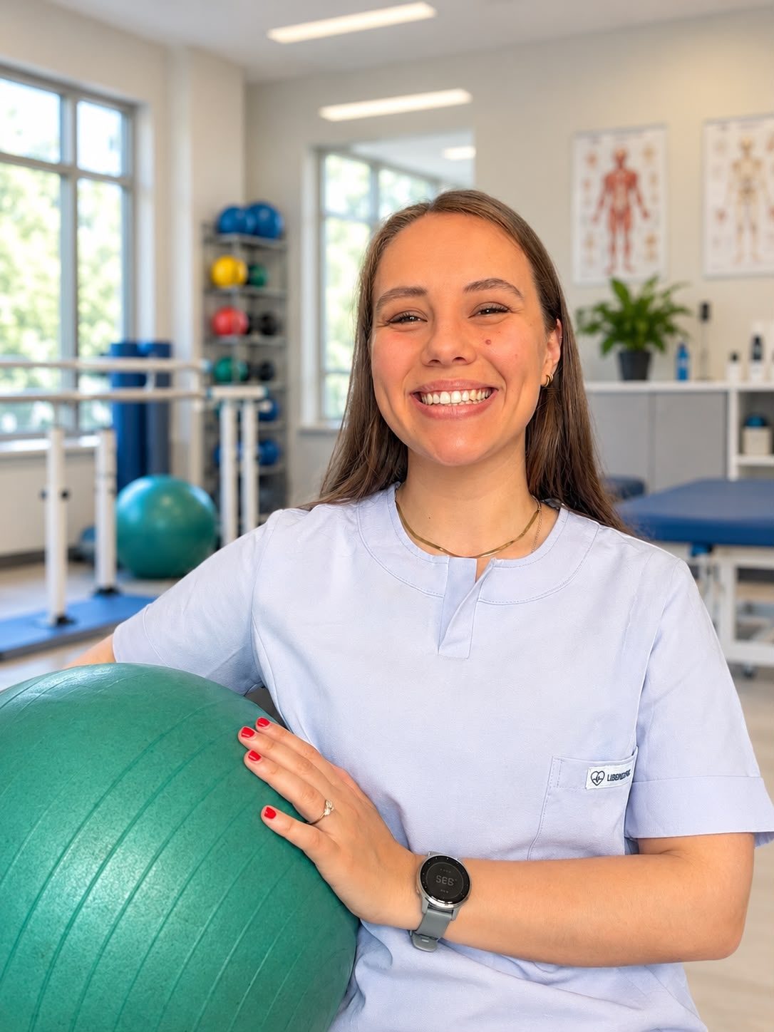 An occupational therapist in the practice's therapy room, holding an exercise ball